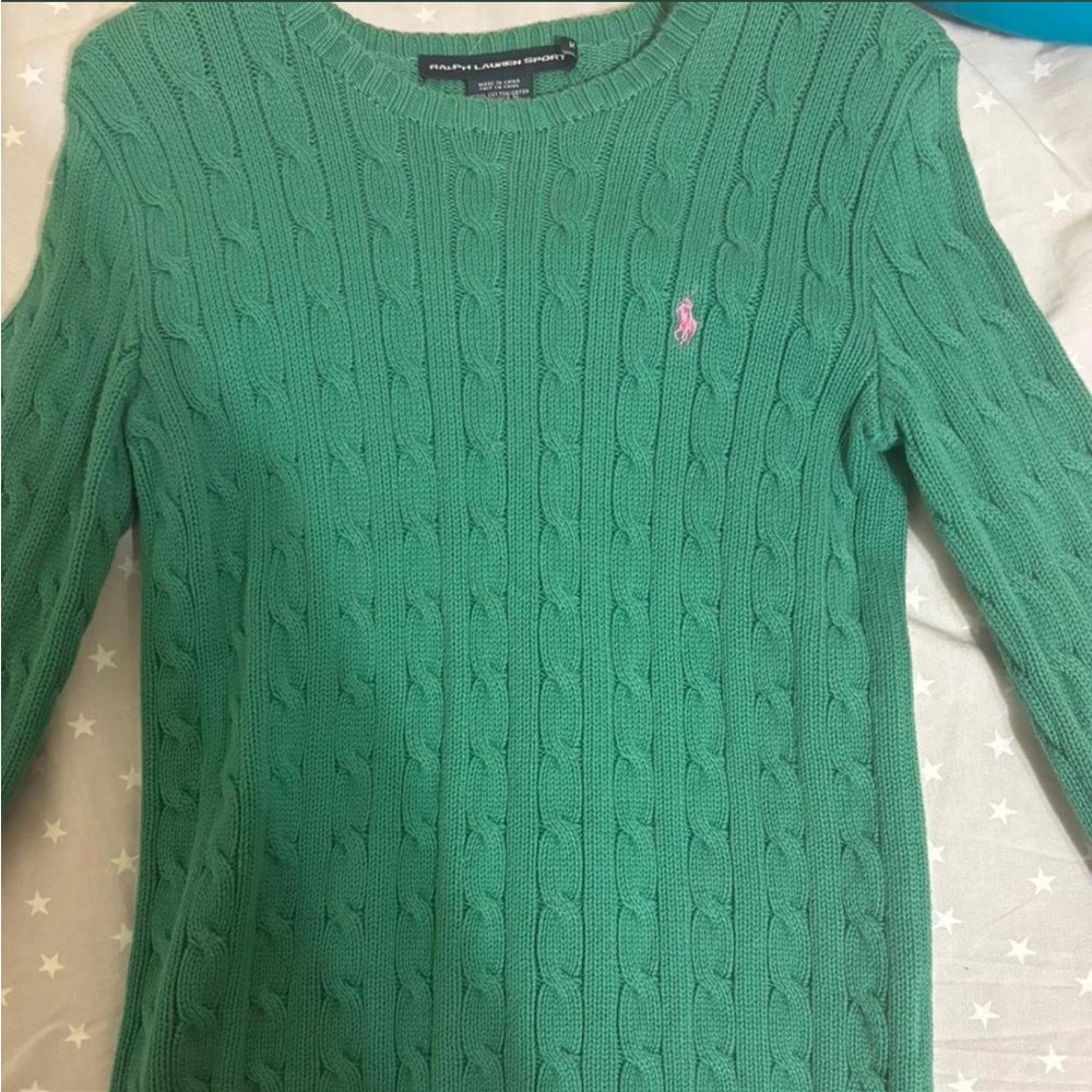 Ralph Lauren Green Cable-Knit Crewneck Sweater with Pink Pony